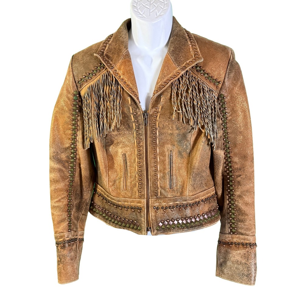 Double D Ranch Leather Jacket Womens M Brown Fringe Studded Western Distressed